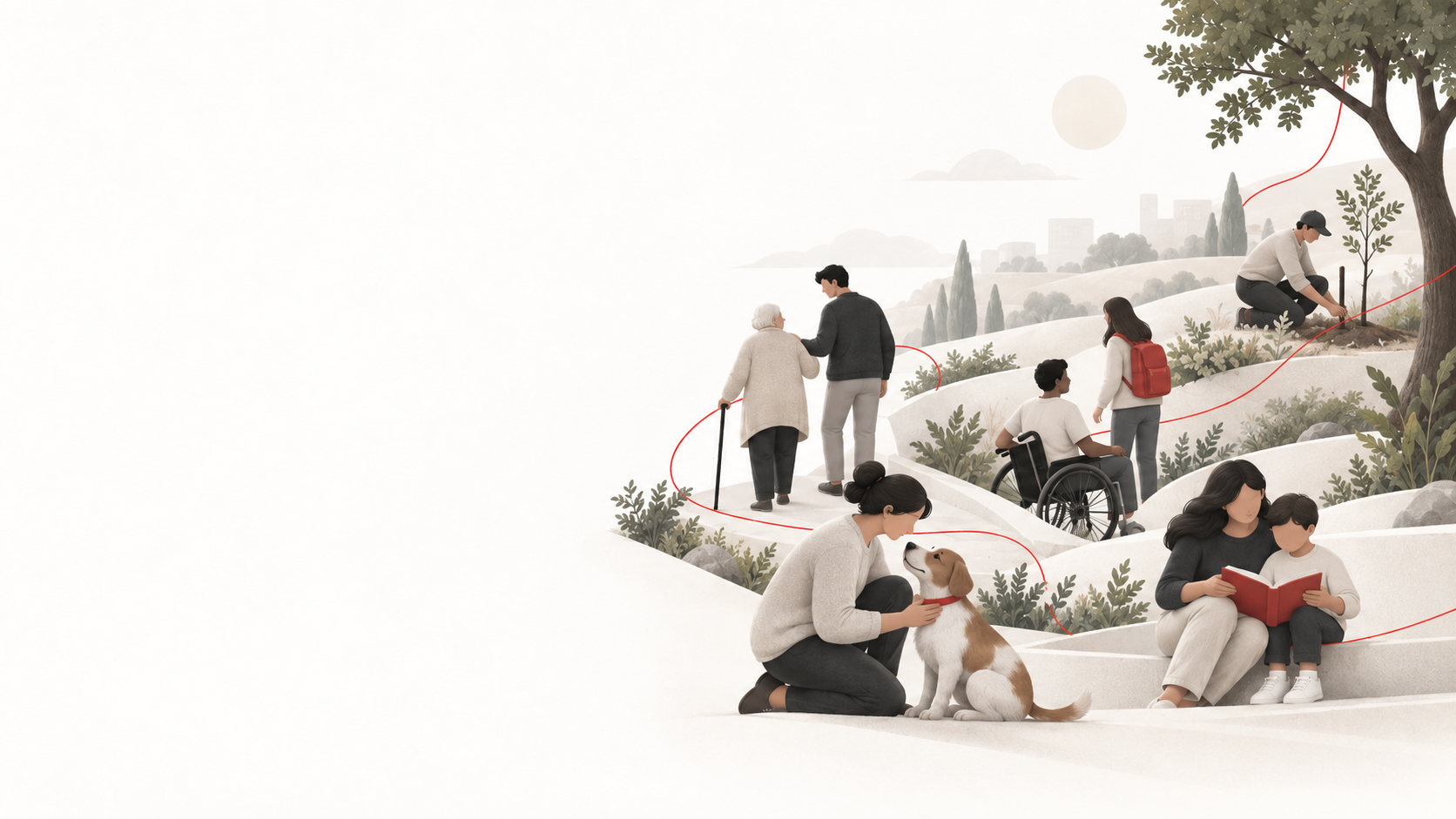 Ilustração de pessoas, um cachorro, uma árvore e linhas vermelhas conectando elementos